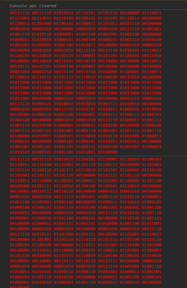 Browser console showing red binary transmission